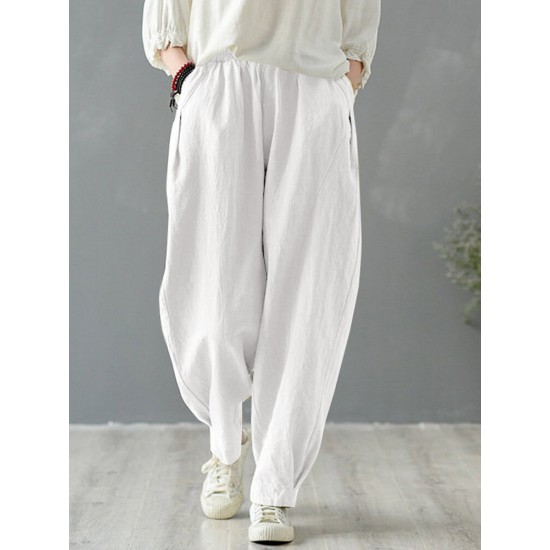 Solid Cotton Pocket Elastic Waist Casual Loose Pants Solid Cotton Pocket Elastic Waist Casual Loose Pants