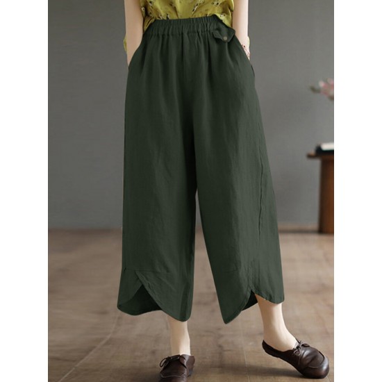 Solid Asymmetrical Hem Pocket Wide Leg Crop Pants Solid Asymmetrical Hem Pocket Wide Leg Crop Pants