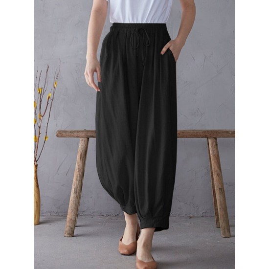 Solid Elastic Waist Drawstring Pocket Cotton Casual Pants Solid Elastic Waist Drawstring Pocket Cotton Casual Pants