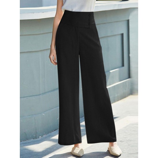 Solid Pocket Button Wide Leg High Waist Casual Pants Solid Pocket Button Wide Leg High Waist Casual Pants