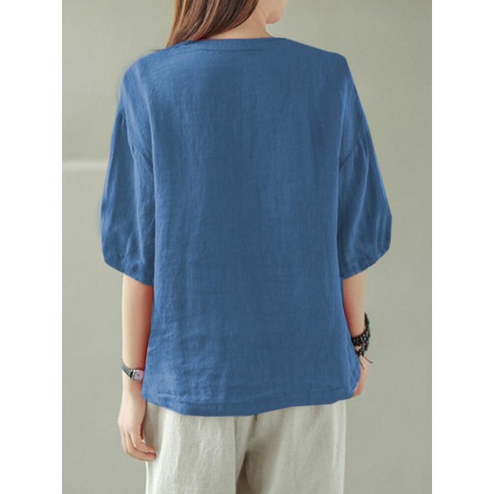 Solid Button Pocket V Neck Half Sleeve Casual Cotton Blouse Solid Button Pocket V Neck Half Sleeve Casual Cotton Blouse