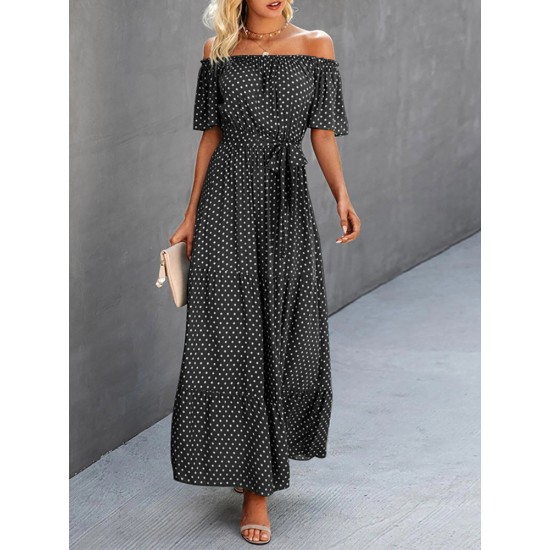 Dot Print Off Shoulder Short Sleeve Dress With Belt Dot Print Off Shoulder Short Sleeve Dress With Belt