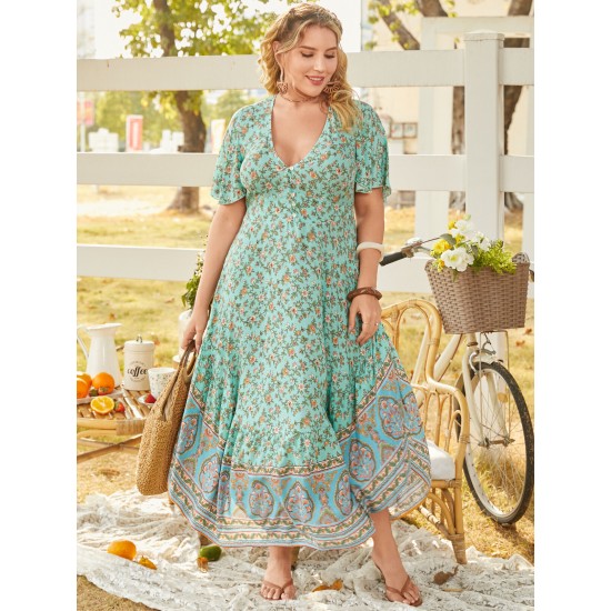 Plus Size V neck Tribal Button Design Short Sleeves Maxi Dress Plus Size V neck Tribal Button Design Short Sleeves Maxi Dress