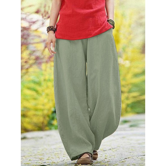 Solid Pocket Elastic Waist Cotton Casual Pants Solid Pocket Elastic Waist Cotton Casual Pants