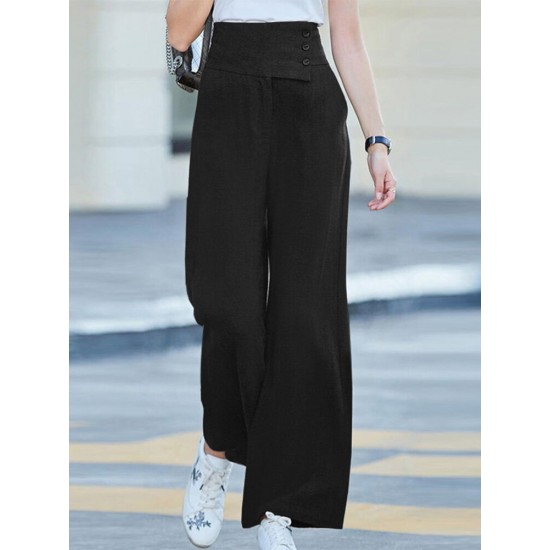 Solid Pocket Button Wide Leg High Waist Casual Pants Solid Pocket Button Wide Leg High Waist Casual Pants