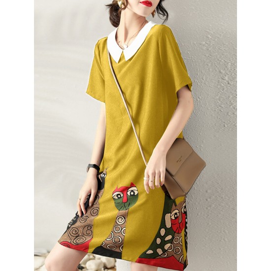 Cartoon Cat Print Contrast Peter Pan Collar Short Sleeve Dress Cartoon Cat Print Contrast Peter Pan Collar Short Sleeve Dress