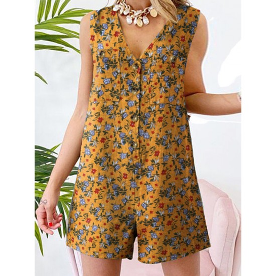 Leisure Calico Button Pocket Sleeveless V Neck Cotton Romper Leisure Calico Button Pocket Sleeveless V Neck Cotton Romper