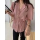 Solid Button Tie Up Lapel Short Sleeve Casual Cotton Blouse Solid Button Tie Up Lapel Short Sleeve Casual Cotton Blouse