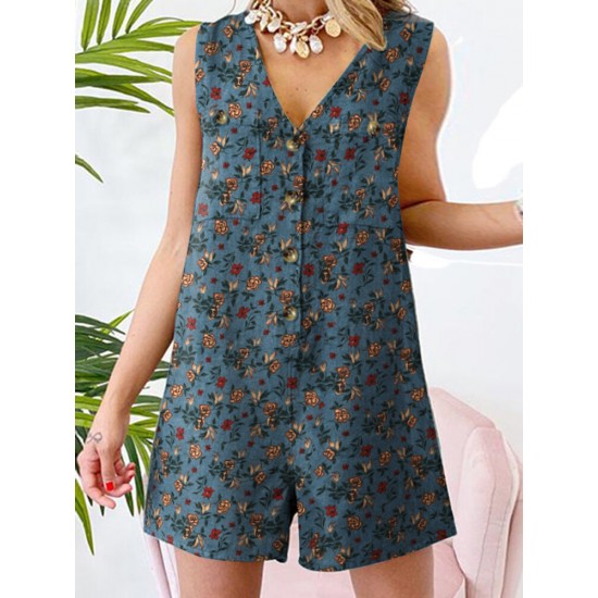 Leisure Calico Button Pocket Sleeveless V Neck Cotton Romper Leisure Calico Button Pocket Sleeveless V Neck Cotton Romper