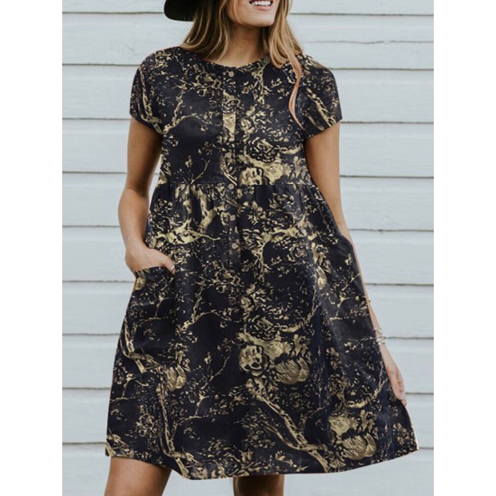 Cotton Plant Print Button Pocket Short Sleeve Midi Dress Cotton Plant Print Button Pocket Short Sleeve Midi Dress