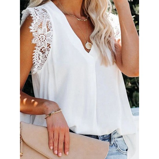 Solid Lace Patchwork V Neck Casual Blouse Solid Lace Patchwork V Neck Casual Blouse