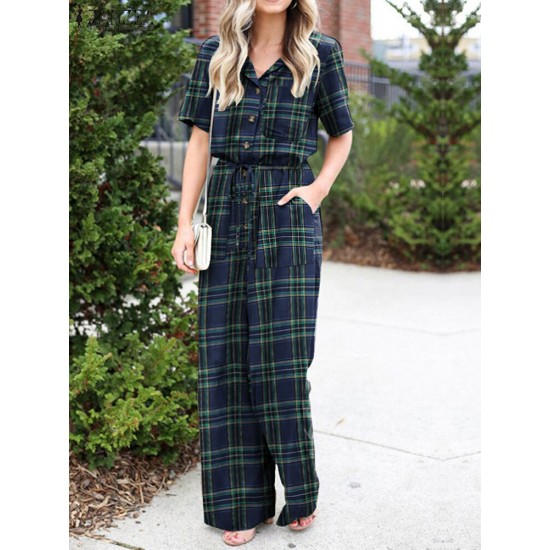 Plaid Print Button Pocket Short Sleeve Wide Leg Jumpsuit Plaid Print Button Pocket Short Sleeve Wide Leg Jumpsuit
