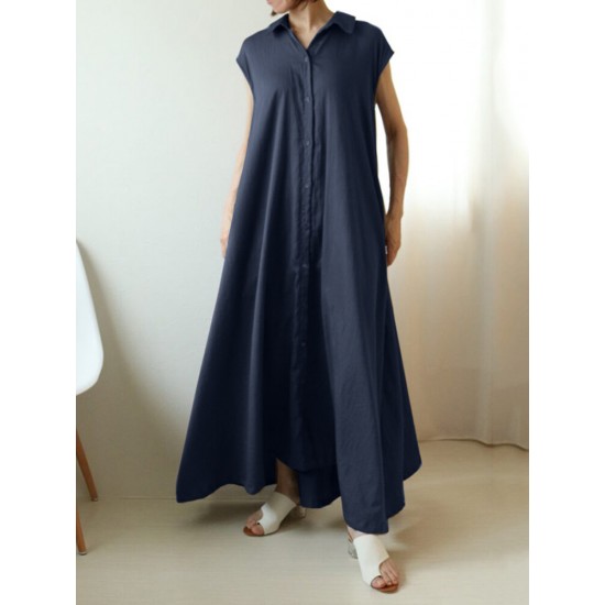 Solid Button Lapel Ruched Short Sleeve Maxi Shirt Dress Solid Button Lapel Ruched Short Sleeve Maxi Shirt Dress