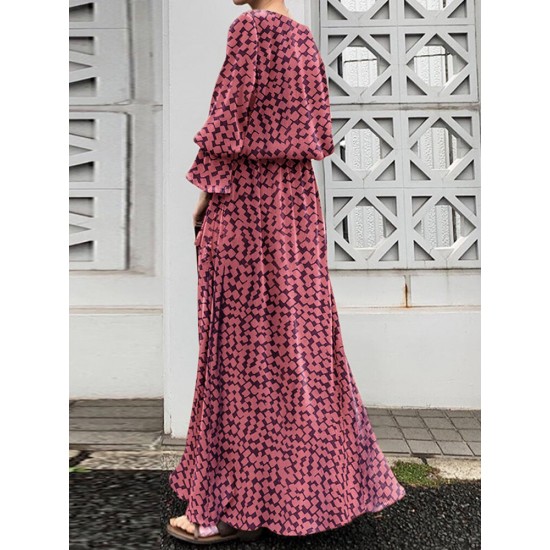 Geo Print Long Sleeve Slit Side Crew Neck Maxi Dress Geo Print Long Sleeve Slit Side Crew Neck Maxi Dress