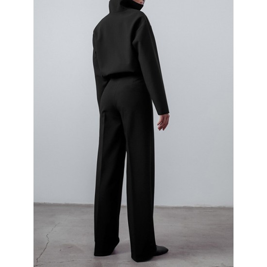 Solid Zip Front Hasp Long Sleeve Lapel Two Pieces Set Solid Zip Front Hasp Long Sleeve Lapel Two Pieces Set