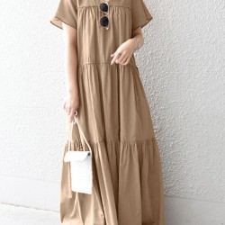Solid Lettuce Edge V  neck Short Sleeve Swing Maxi Dress