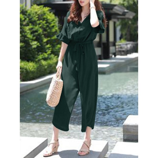 Solid Belt Pocket Button Ruffle Sleeve V neck Jumpsuit Solid Belt Pocket Button Ruffle Sleeve V neck Jumpsuit