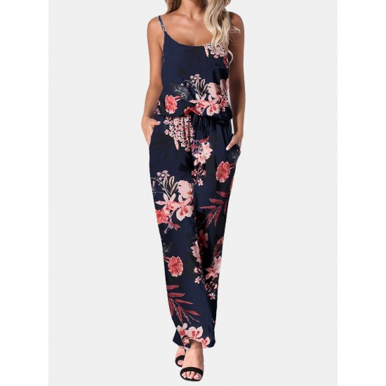 Flower Print Drawstring Pocket Strap Jumpsuit For Women Flower Print Drawstring Pocket Strap Jumpsuit For Women