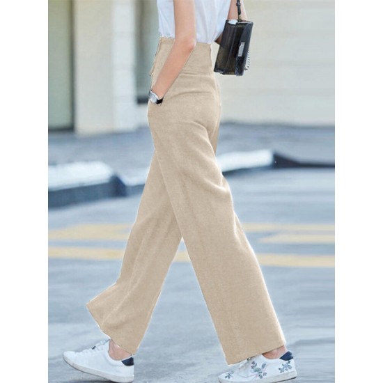 Solid Pocket Button Wide Leg High Waist Casual Pants Solid Pocket Button Wide Leg High Waist Casual Pants