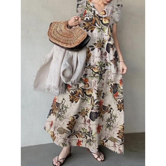 Plant Print Sleeveless Ruffle V Neck Cotton Maxi Dress Plant Print Sleeveless Ruffle V Neck Cotton Maxi Dress