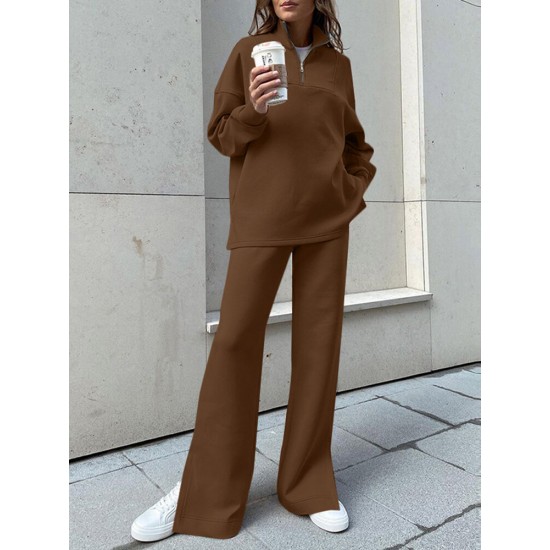 Women Turtleneck Solid Color Ankle Length Zipper Elastic Waist Two Piece Sets Women Turtleneck Solid Color Ankle Length Zipper Elastic Waist Two Piece Sets