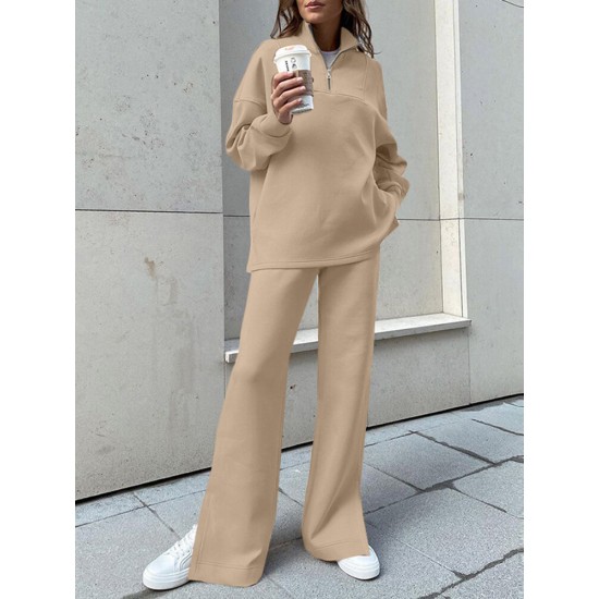 Women Turtleneck Solid Color Ankle Length Zipper Elastic Waist Two Piece Sets Women Turtleneck Solid Color Ankle Length Zipper Elastic Waist Two Piece Sets