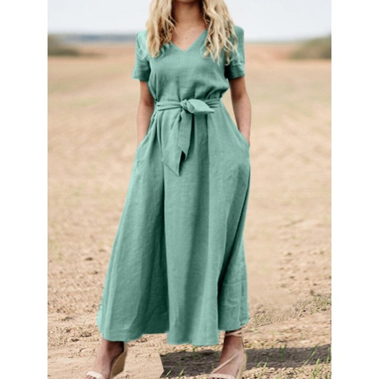 Solid Pocket Sash Short Sleeve Cotton Casual Maxi Dress Solid Pocket Sash Short Sleeve Cotton Casual Maxi Dress