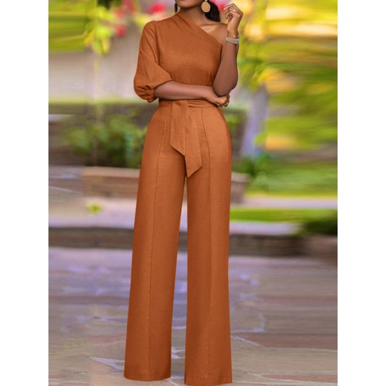 High Waist Solid Pocket Asymmetrical One Shoulder Jumpsuit High Waist Solid Pocket Asymmetrical One Shoulder Jumpsuit
