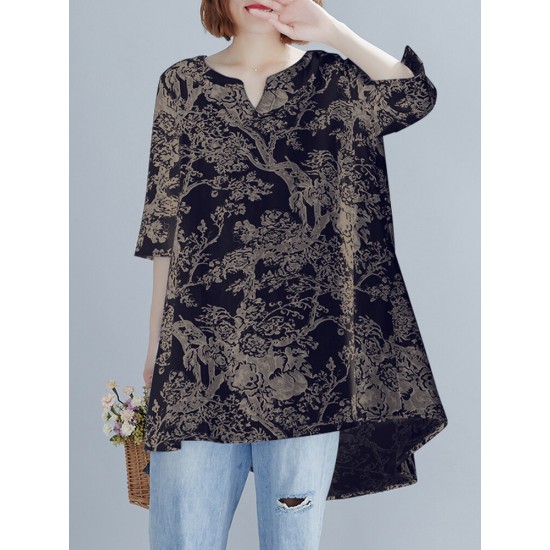 Plant Print Split V Neck High Low Hem Cotton Casual Blouse Plant Print Split V Neck High Low Hem Cotton Casual Blouse