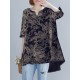 Plant Print Split V Neck High Low Hem Cotton Casual Blouse Plant Print Split V Neck High Low Hem Cotton Casual Blouse