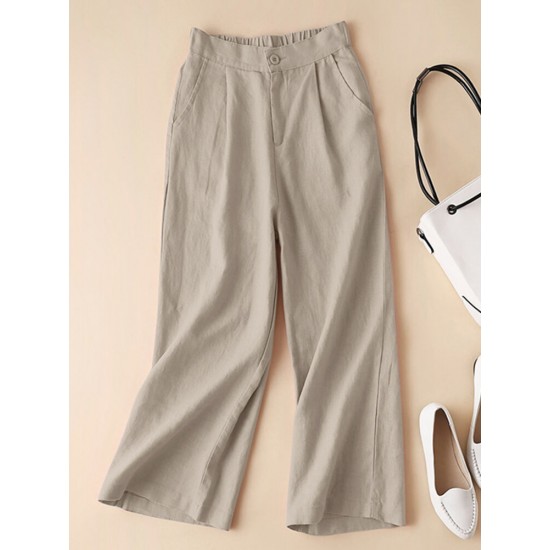 Solid Elastic Waist Pocket Button Wide Leg Pants Solid Elastic Waist Pocket Button Wide Leg Pants