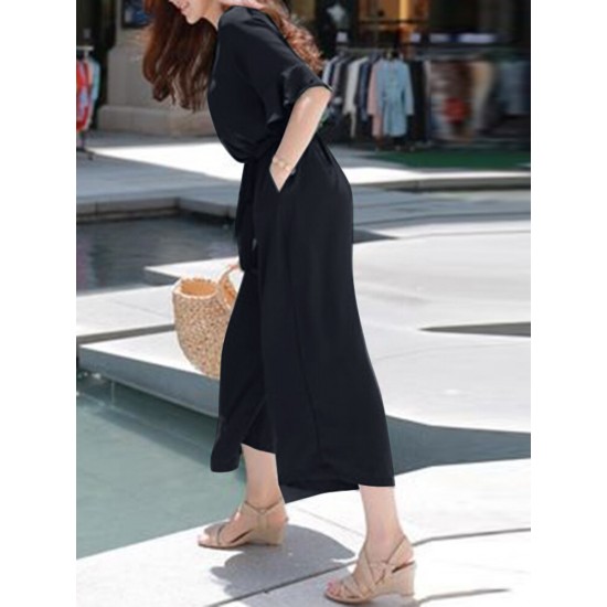 Solid Belt Pocket Button Ruffle Sleeve V neck Jumpsuit Solid Belt Pocket Button Ruffle Sleeve V neck Jumpsuit