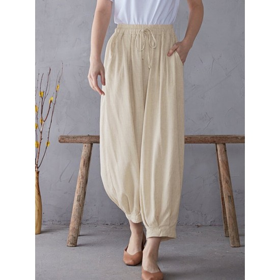 Solid Elastic Waist Drawstring Pocket Cotton Casual Pants Solid Elastic Waist Drawstring Pocket Cotton Casual Pants