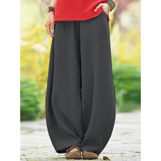 Solid Pocket Elastic Waist Cotton Casual Pants Solid Pocket Elastic Waist Cotton Casual Pants