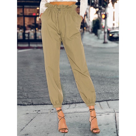 Solid Color Drawstring High Waist Elastic Casual Pants With Pockets Solid Color Drawstring High Waist Elastic Casual Pants With Pockets