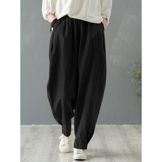 Solid Cotton Pocket Elastic Waist Casual Loose Pants Solid Cotton Pocket Elastic Waist Casual Loose Pants