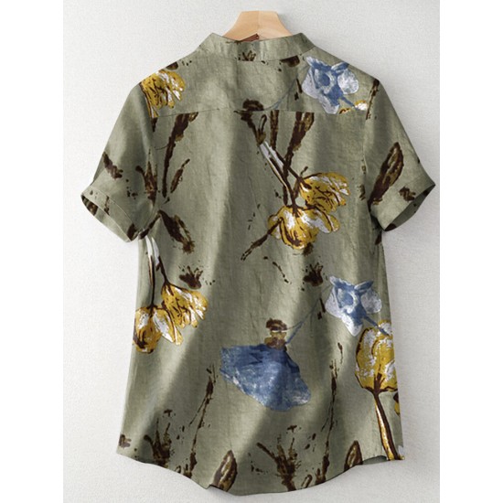 Random Flower Print Button Short Sleeve V neck Blouse Random Flower Print Button Short Sleeve V neck Blouse
