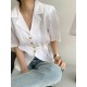 Solid Button Tie Up Lapel Short Sleeve Casual Cotton Blouse Solid Button Tie Up Lapel Short Sleeve Casual Cotton Blouse