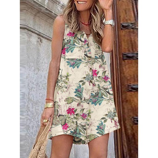 Sleeveless Button Print Flower Pocket Regular Fit Jumpsuit Sleeveless Button Print Flower Pocket Regular Fit Jumpsuit