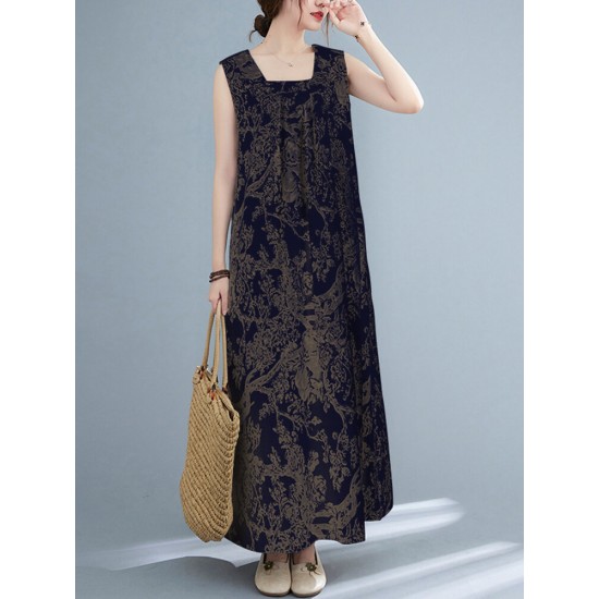 Plant Print Ruched Sleeveless Casual Maxi Cotton Dress Plant Print Ruched Sleeveless Casual Maxi Cotton Dress