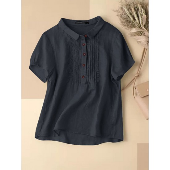 Solid Patchwork Button Lapel Short Sleeve Casual Blouse Solid Patchwork Button Lapel Short Sleeve Casual Blouse