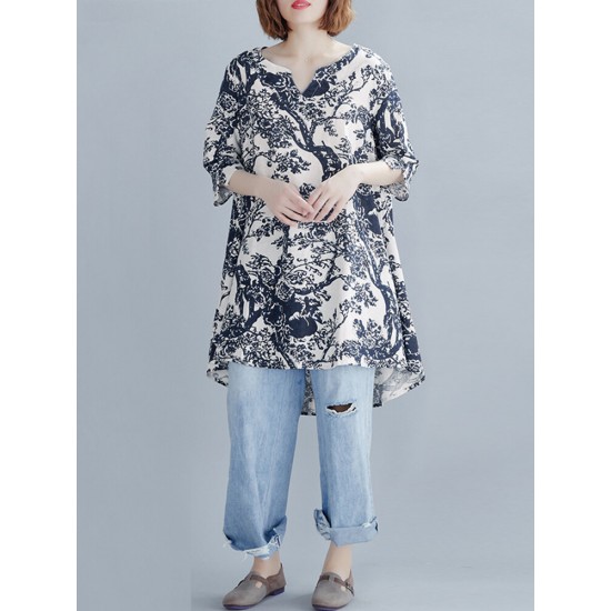 Plant Print Split V Neck High Low Hem Cotton Casual Blouse Plant Print Split V Neck High Low Hem Cotton Casual Blouse